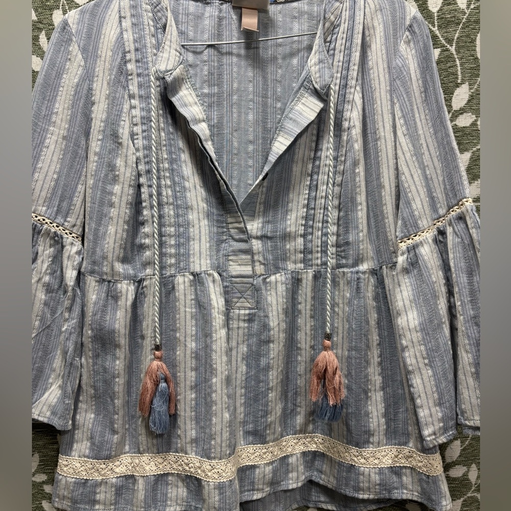 Knox Rose Blue and White Striped Blouse With Flared Sleeves Boho Style